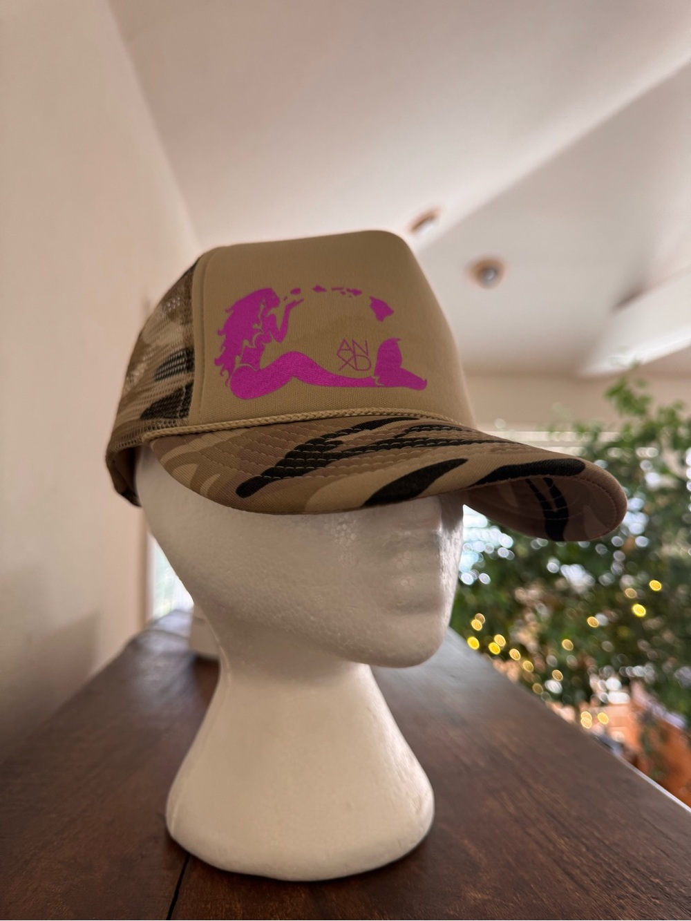 Wet Dreamz Hawaii Camo Trucker Hat with Pink Mermaid Graphic
